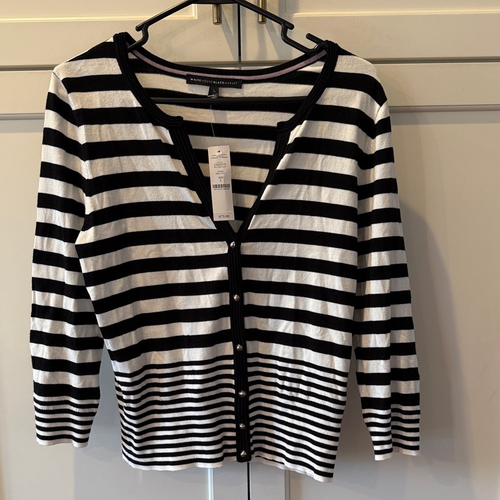 Large White House Black Market Striped Button-Front Cardigan - Black & White